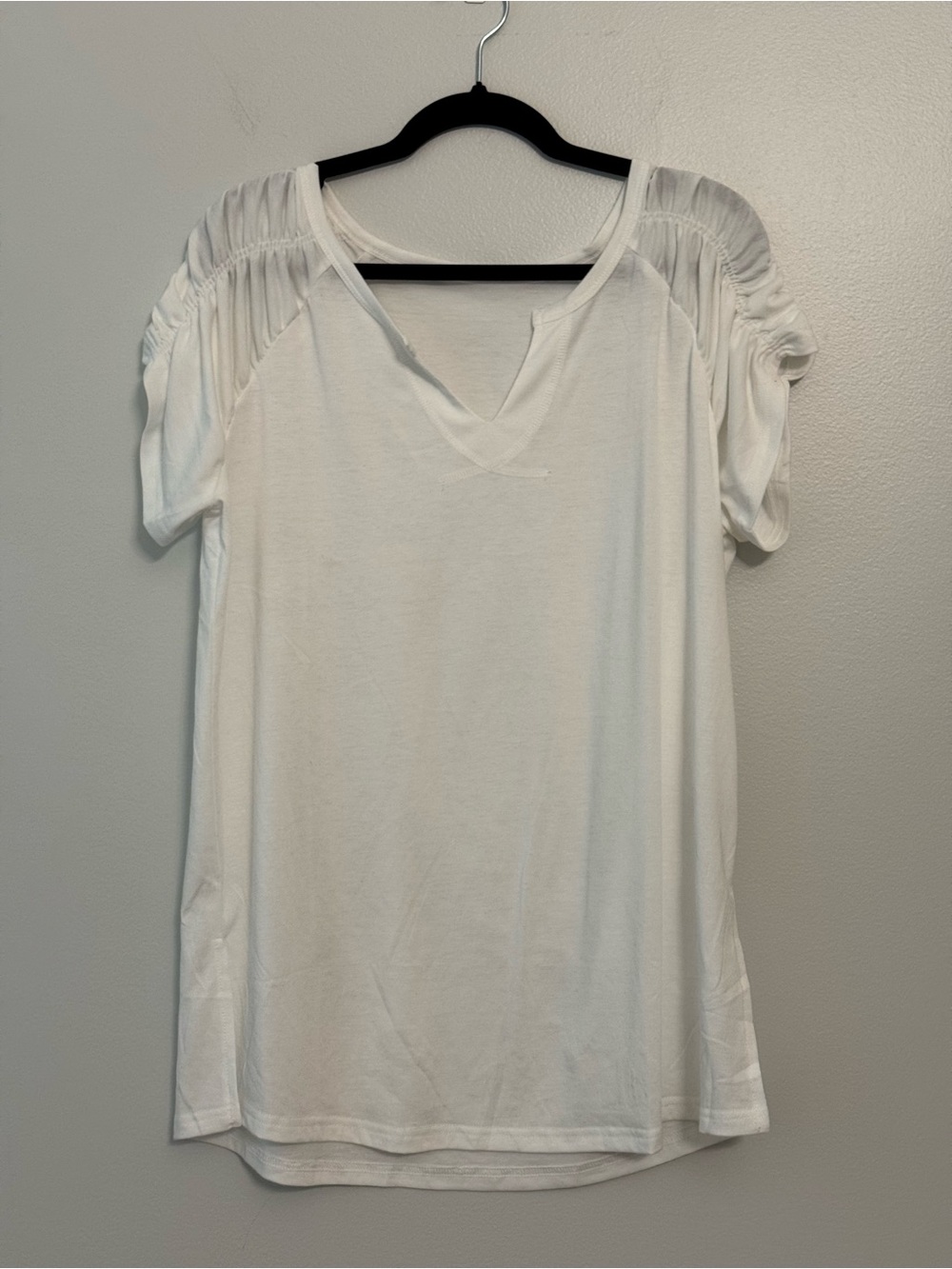 White Short Sleeve V-Neck Top with Ruched Shoulders